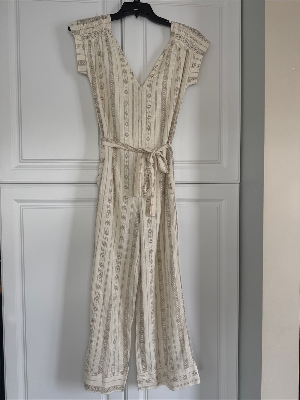 Monteau Cream Striped One-Shoulder Jumpsuit with Tie Waist